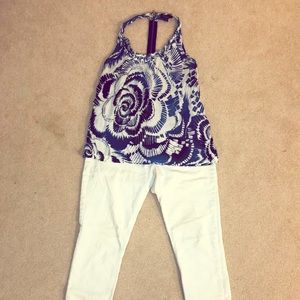 Purple white & black floral zipper back tank top